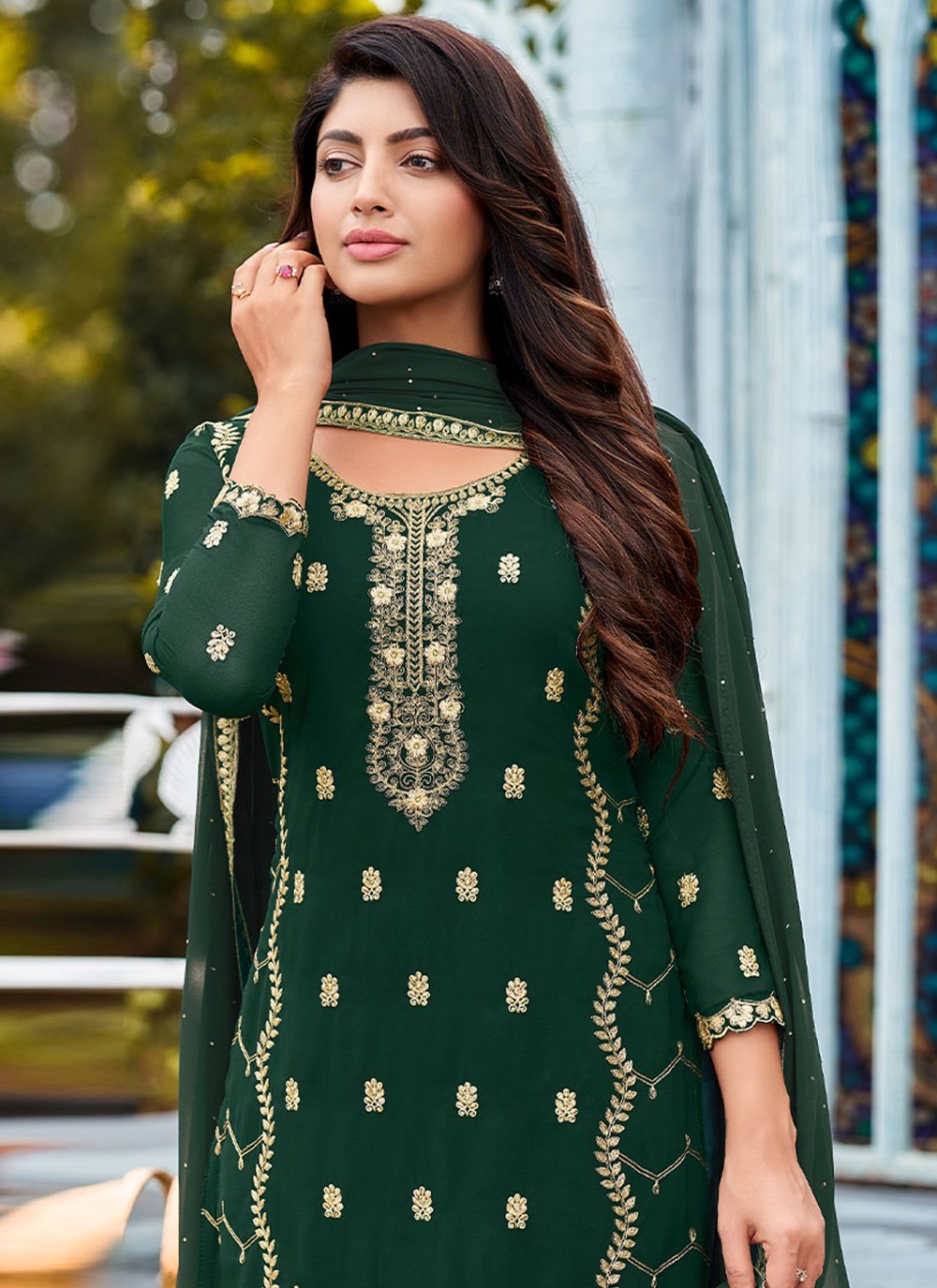 Salwar Suit Faux Georgette Green Embroidered Salwar Kameez