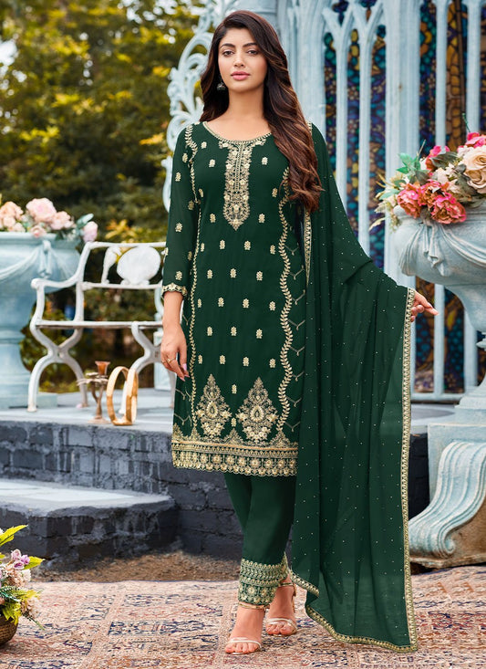 Salwar Suit Faux Georgette Green Embroidered Salwar Kameez