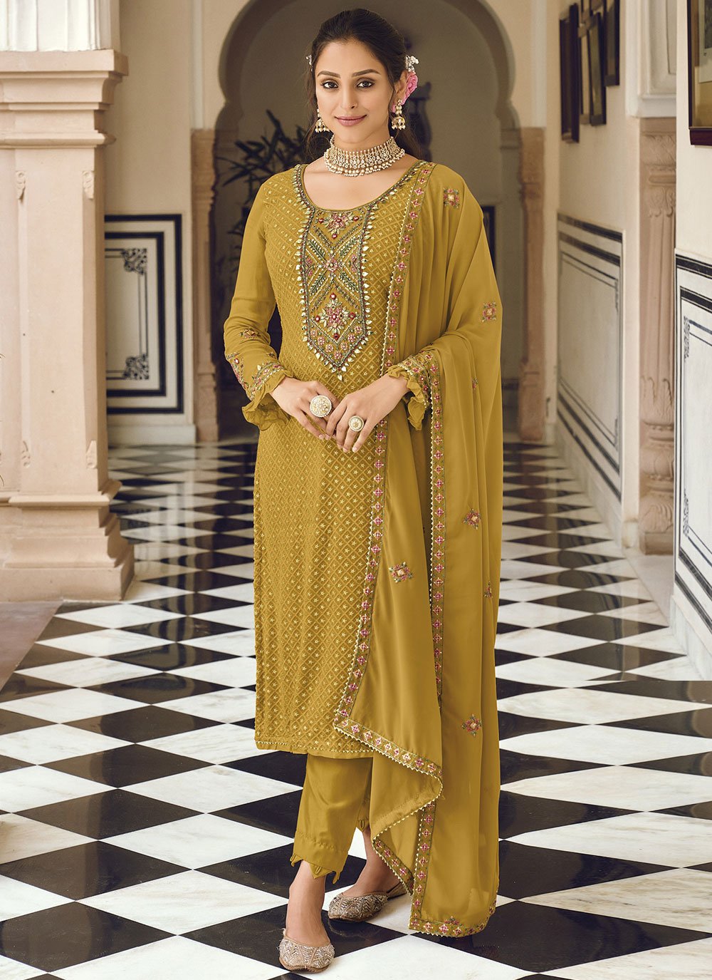 Salwar Suit Faux Georgette Green Embroidered Salwar Kameez