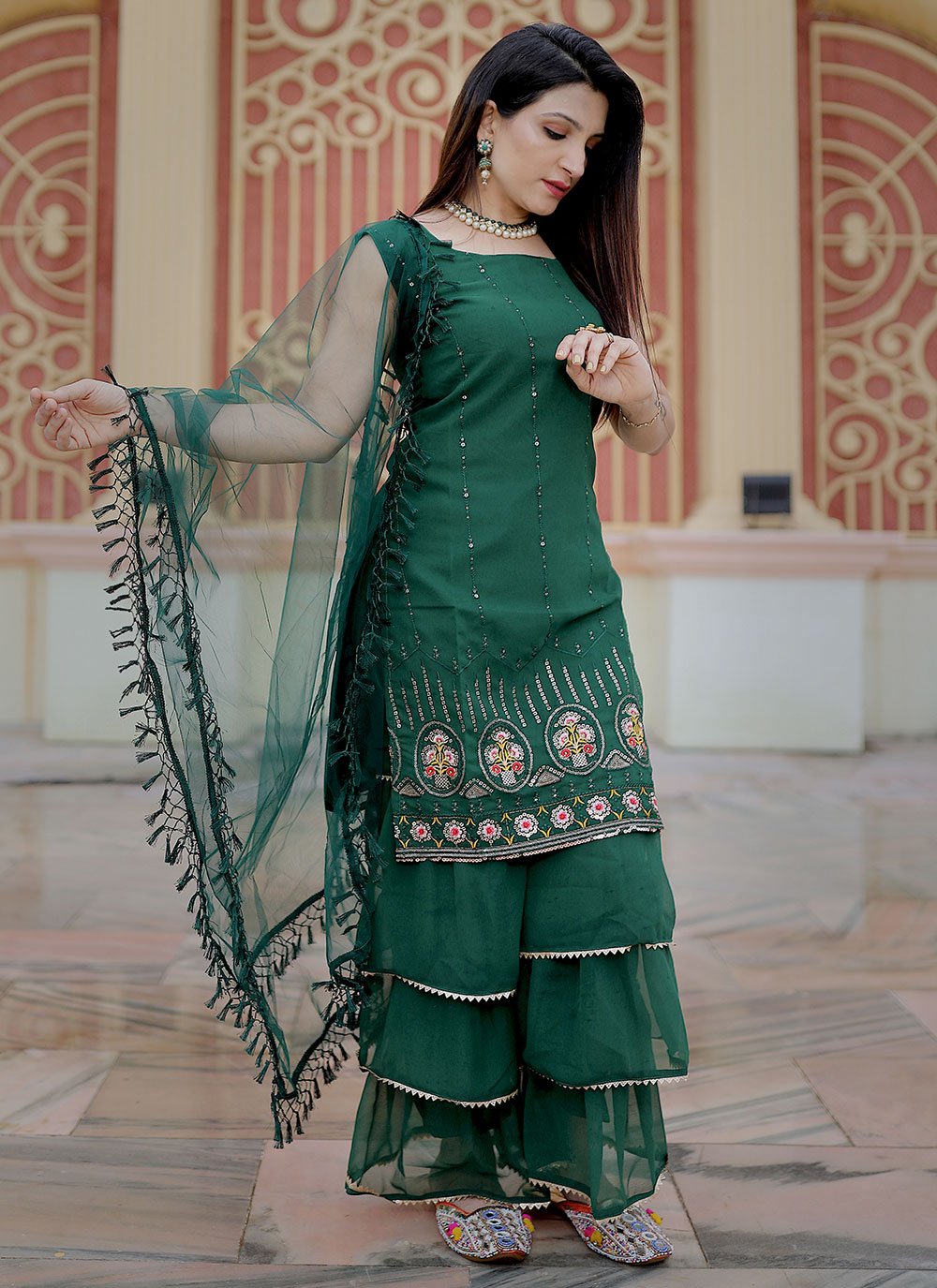 Salwar Suit Faux Georgette Green Embroidered Salwar Kameez