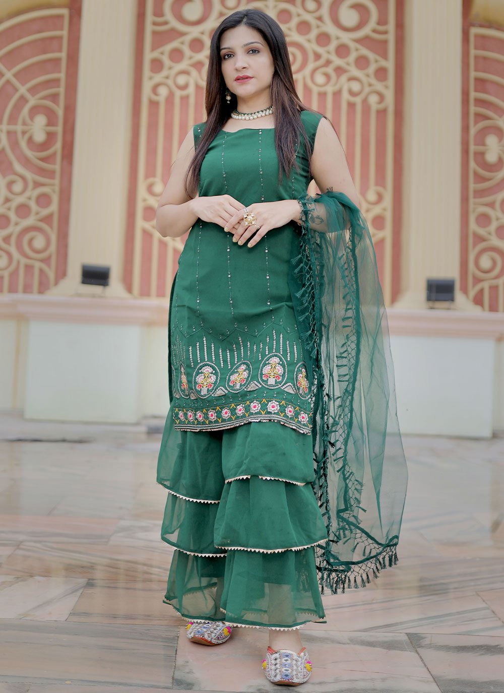 Salwar Suit Faux Georgette Green Embroidered Salwar Kameez