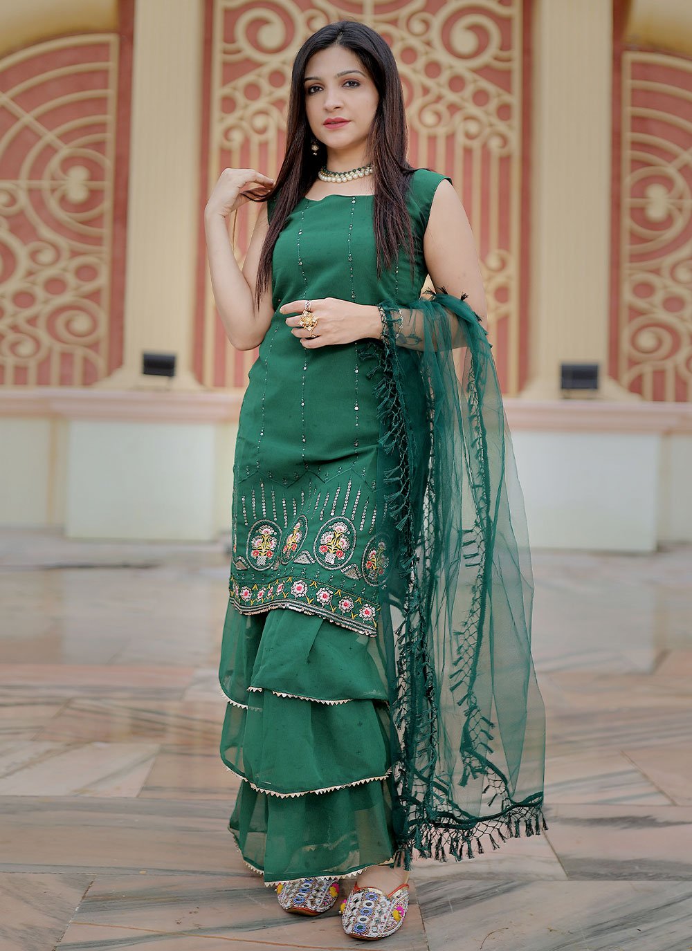 Salwar Suit Faux Georgette Green Embroidered Salwar Kameez