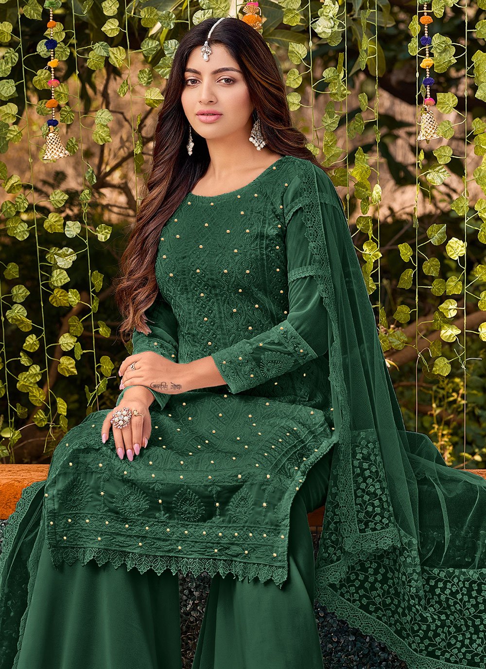 Palazzo Salwar Suit Faux Georgette Green Embroidered Salwar Kameez