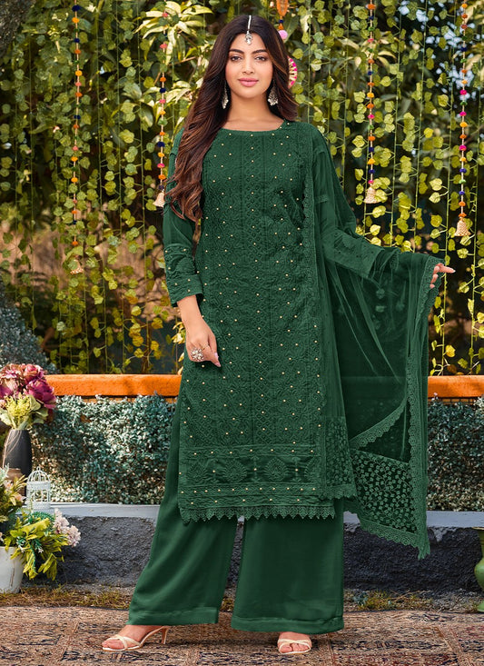 Palazzo Salwar Suit Faux Georgette Green Embroidered Salwar Kameez