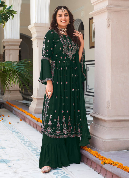 Salwar Suit Faux Georgette Green Embroidered Salwar Kameez