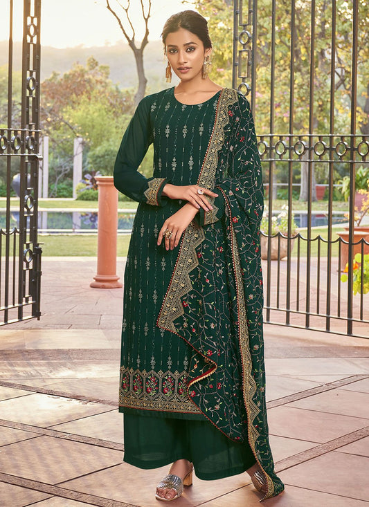 Salwar Suit Faux Georgette Green Embroidered Salwar Kameez