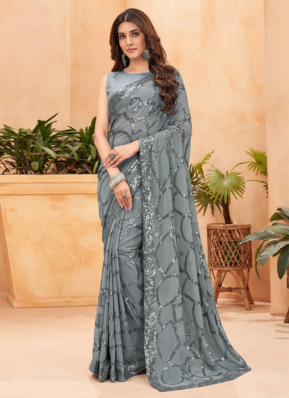 Trendy Saree Faux Georgette Grey Sequins Saree