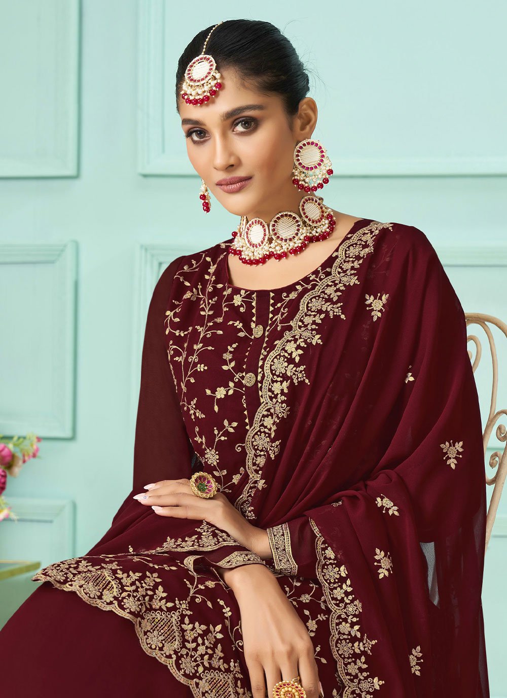 Lehenga Choli Faux Georgette Maroon Embroidered Lehenga Choli