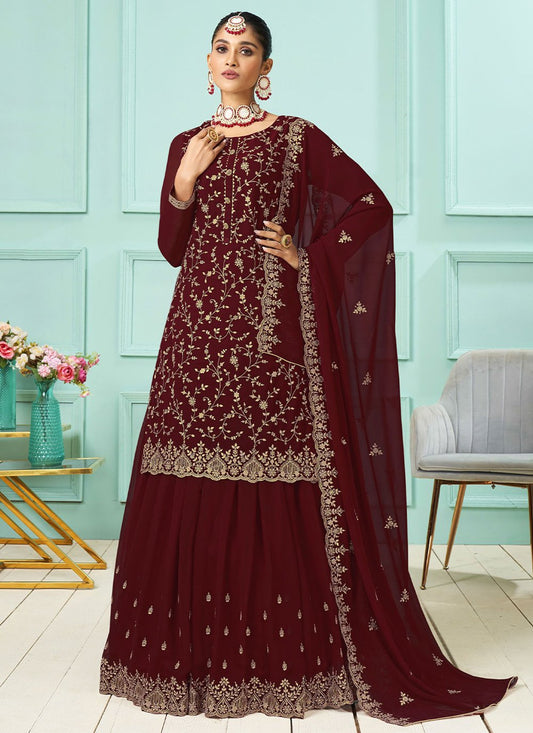 Lehenga Choli Faux Georgette Maroon Embroidered Lehenga Choli