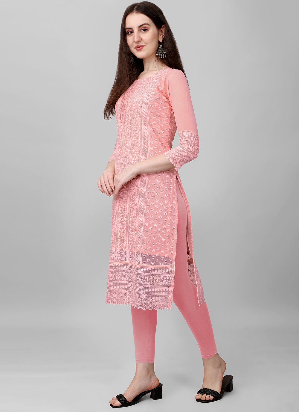 Designer Kurti Faux Georgette Pink Chikankari Work Kurtis