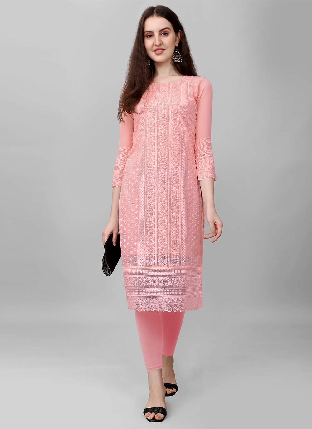 Designer Kurti Faux Georgette Pink Chikankari Work Kurtis