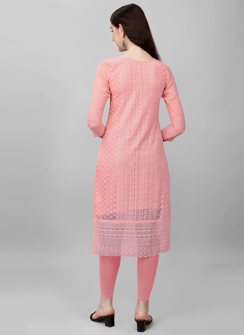 Designer Kurti Faux Georgette Pink Chikankari Work Kurtis