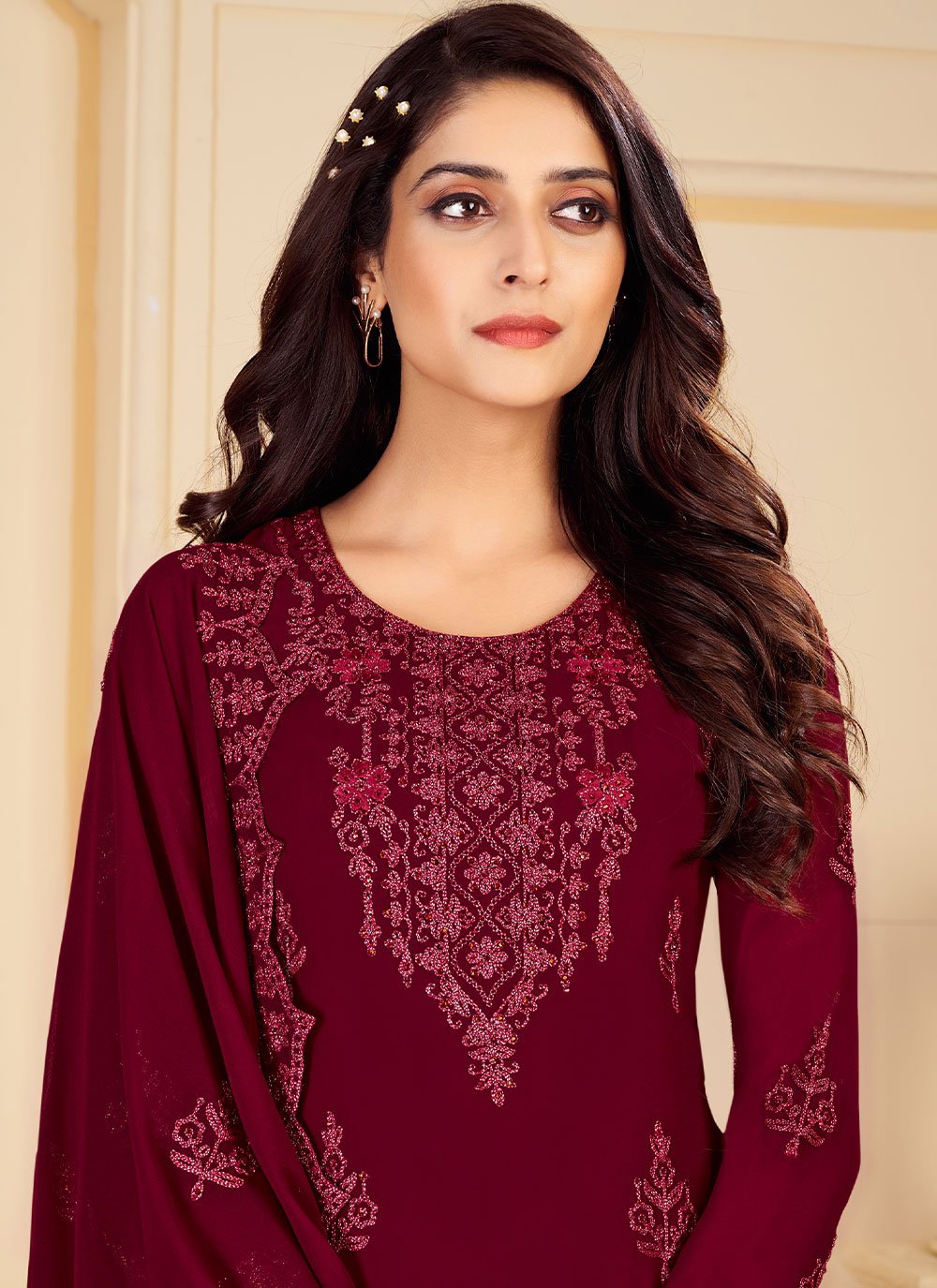 Straight Salwar Suit Faux Georgette Maroon Embroidered Salwar Kameez