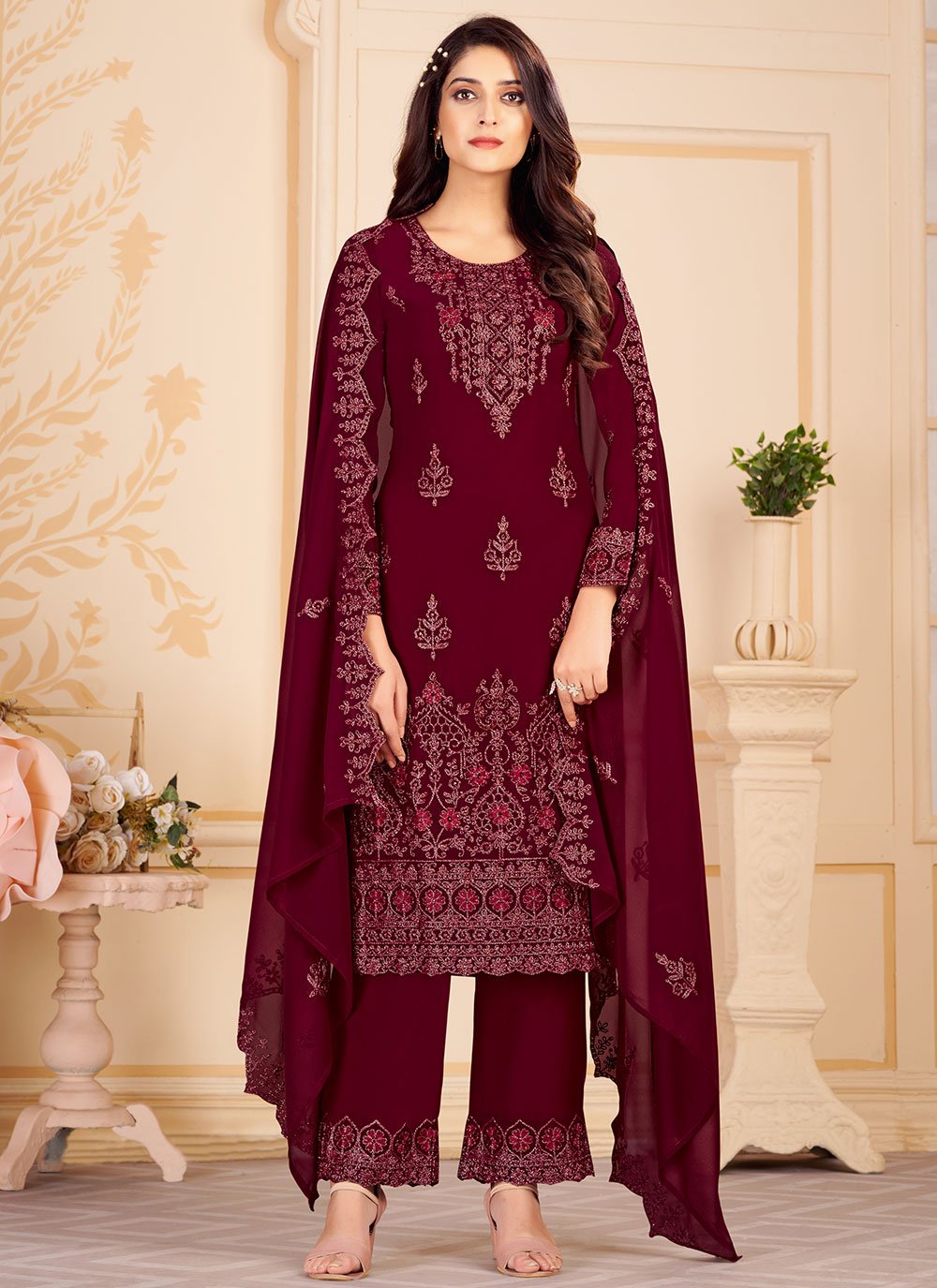 Straight Salwar Suit Faux Georgette Maroon Embroidered Salwar Kameez