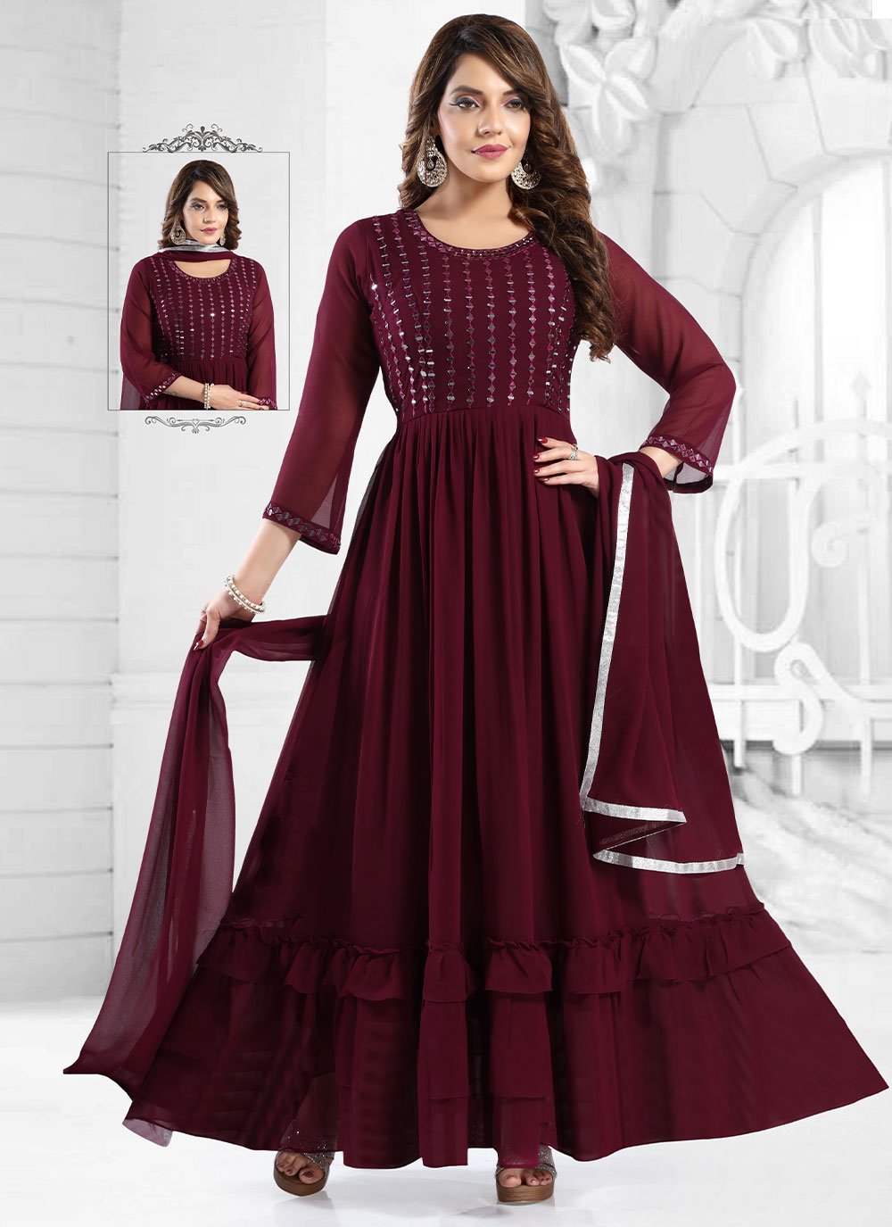 Salwar Suit Faux Georgette Wine Mirror Salwar Kameez