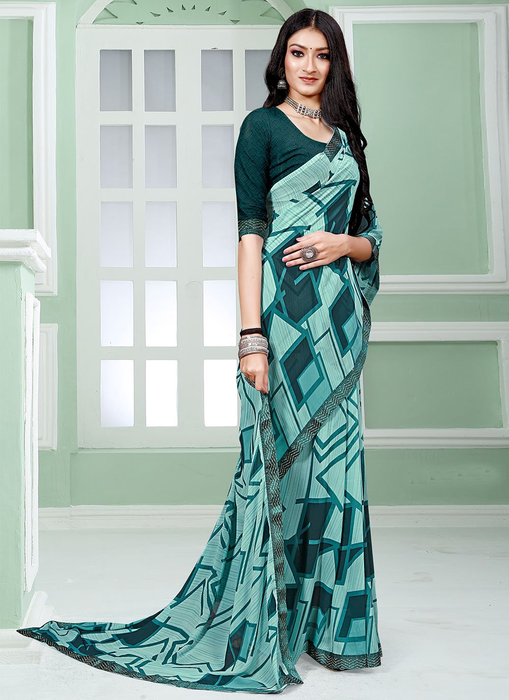 Trendy Saree Faux Georgette Multi Colour Patch Border Saree