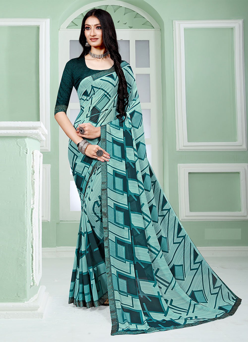 Trendy Saree Faux Georgette Multi Colour Patch Border Saree