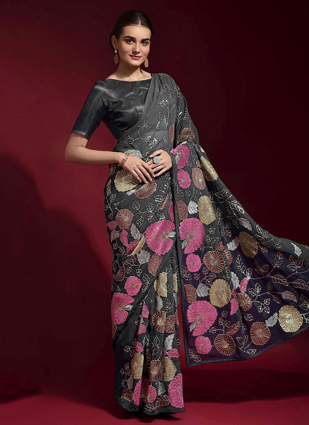 Contemporary Faux Georgette Grey Embroidered Saree