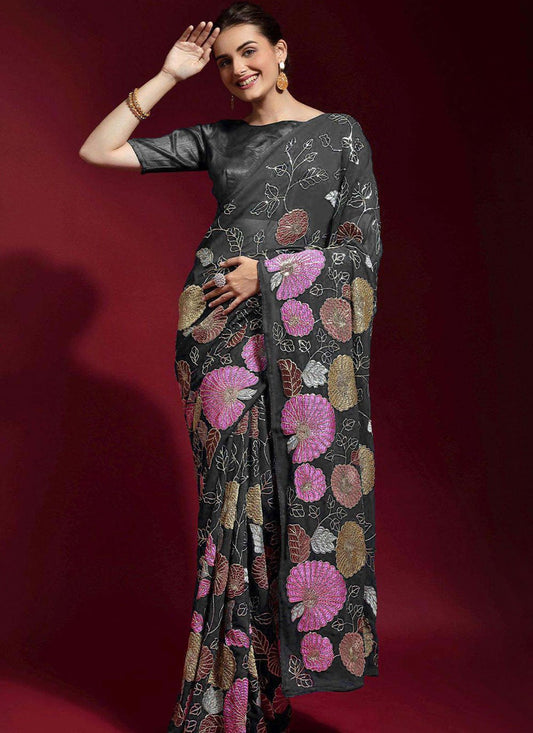 Contemporary Faux Georgette Grey Embroidered Saree