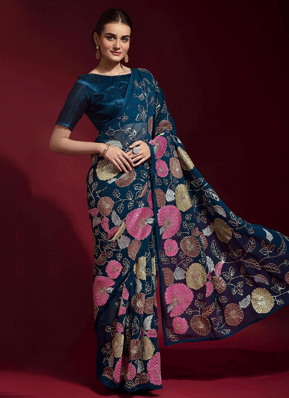 Classic Faux Georgette Teal Embroidered Saree