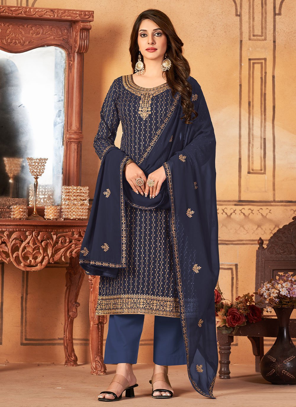 Salwar Suit Faux Georgette Blue Embroidered Salwar Kameez