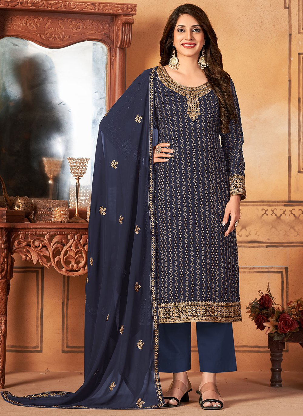 Salwar Suit Faux Georgette Blue Embroidered Salwar Kameez