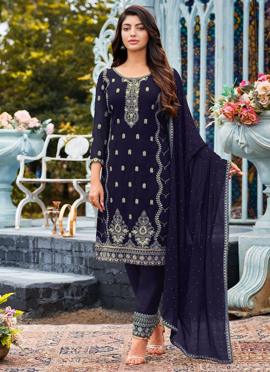 Pant Style Suit Faux Georgette Blue Embroidered Salwar Kameez