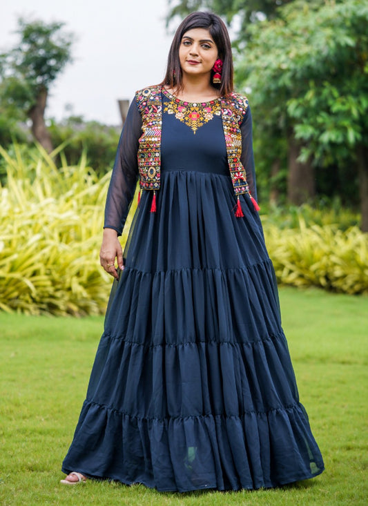 Gown Faux Georgette Blue Embroidered Gown