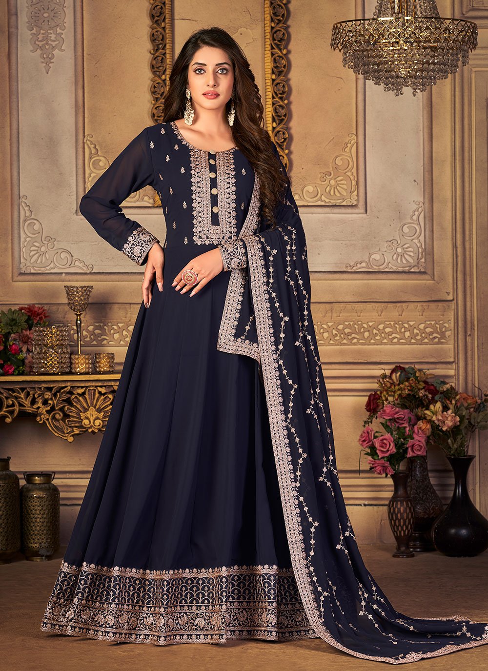 Anarkali Suit Faux Georgette Blue Embroidered Salwar Kameez