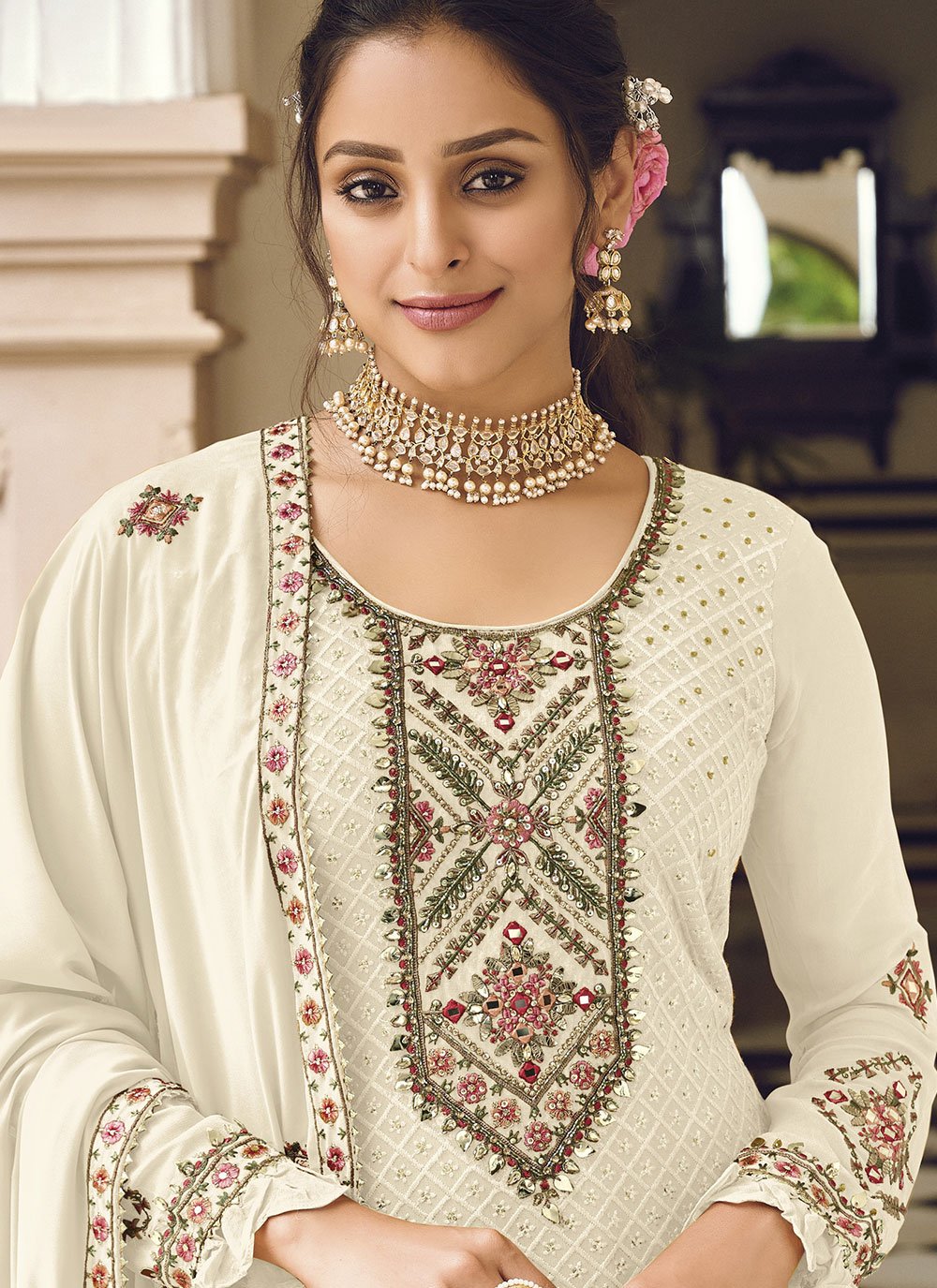 Floor Lenght Salwar Suit Faux Georgette Off White Embroidered Salwar Kameez