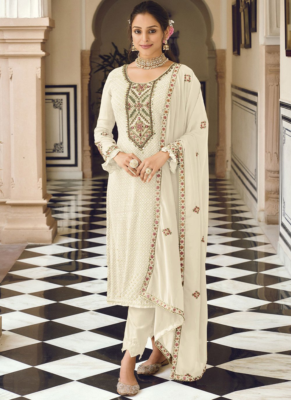 Floor Lenght Salwar Suit Faux Georgette Off White Embroidered Salwar Kameez