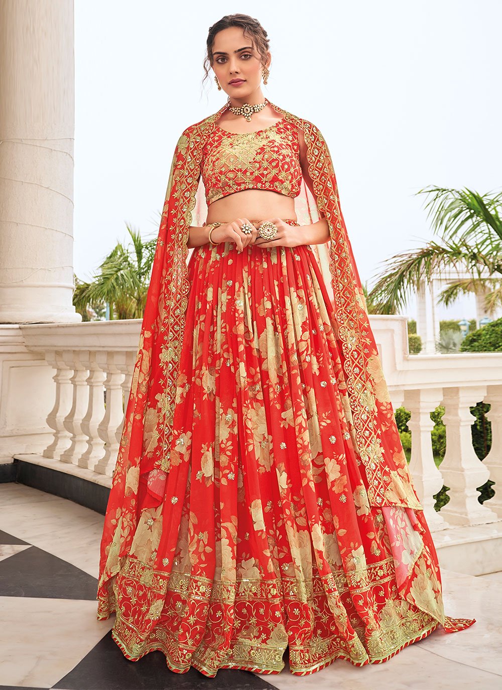 Lehenga Choli Faux Georgette Orange Digital Print Lehenga Choli