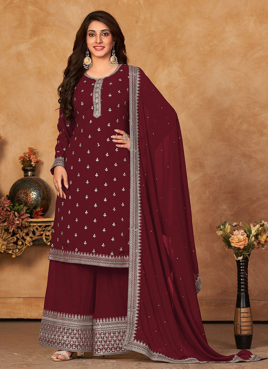 Palazzo Salwar Suit Faux Georgette Maroon Embroidered Salwar Kameez