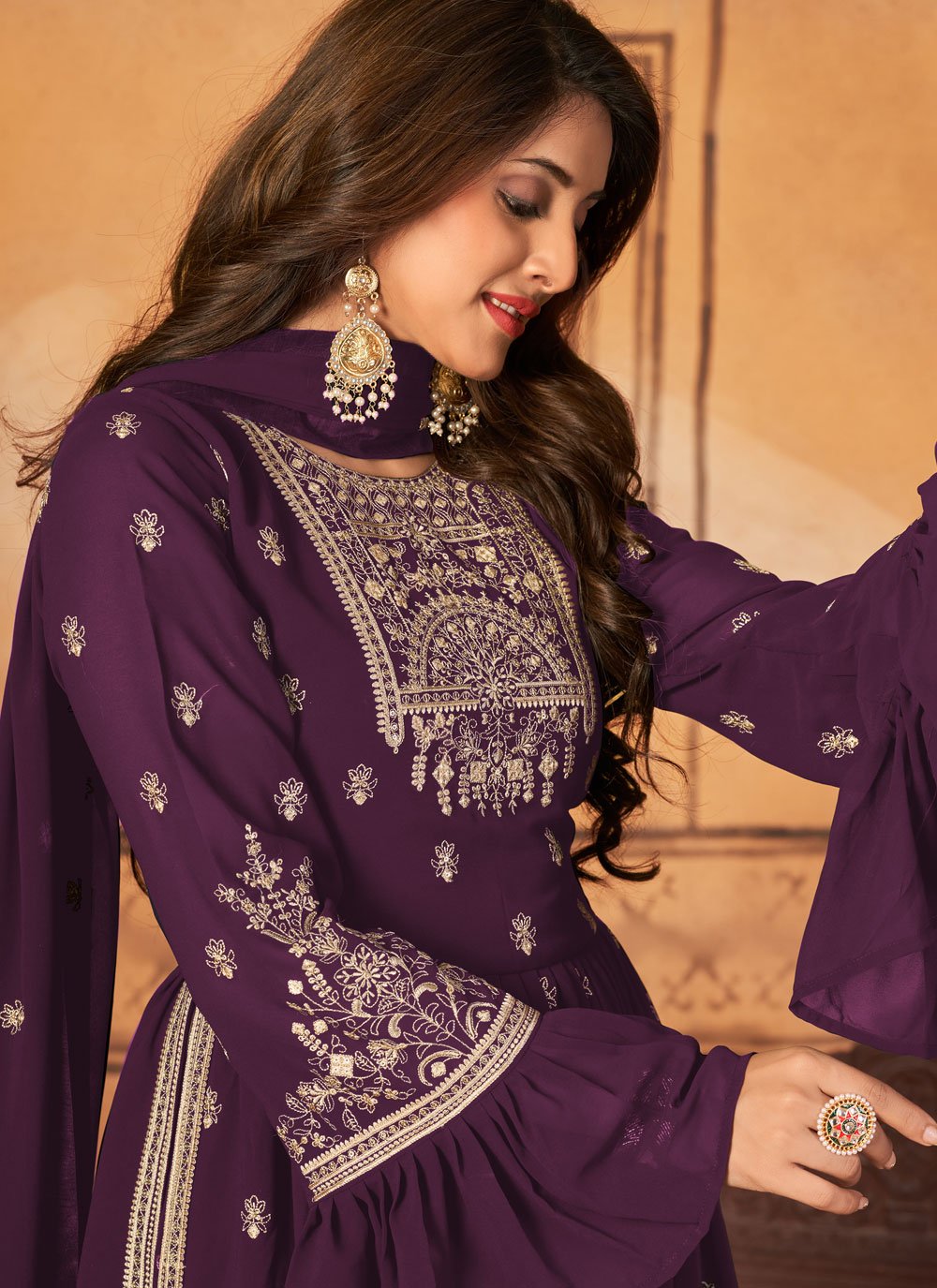 Palazzo Salwar Suit Faux Georgette Purple Embroidered Salwar Kameez