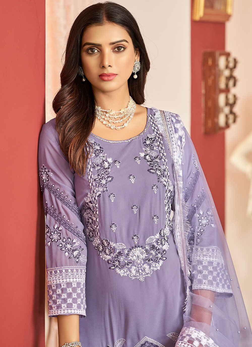 Pant Style Suit Faux Georgette Lavender Embroidered Salwar Kameez