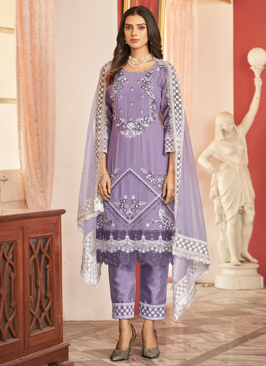 Pant Style Suit Faux Georgette Lavender Embroidered Salwar Kameez