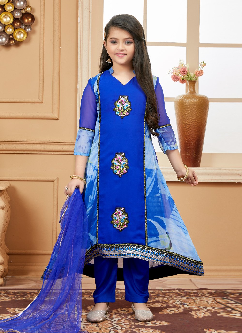 Pant Style Suit Faux Georgette Blue Embroidered Kids