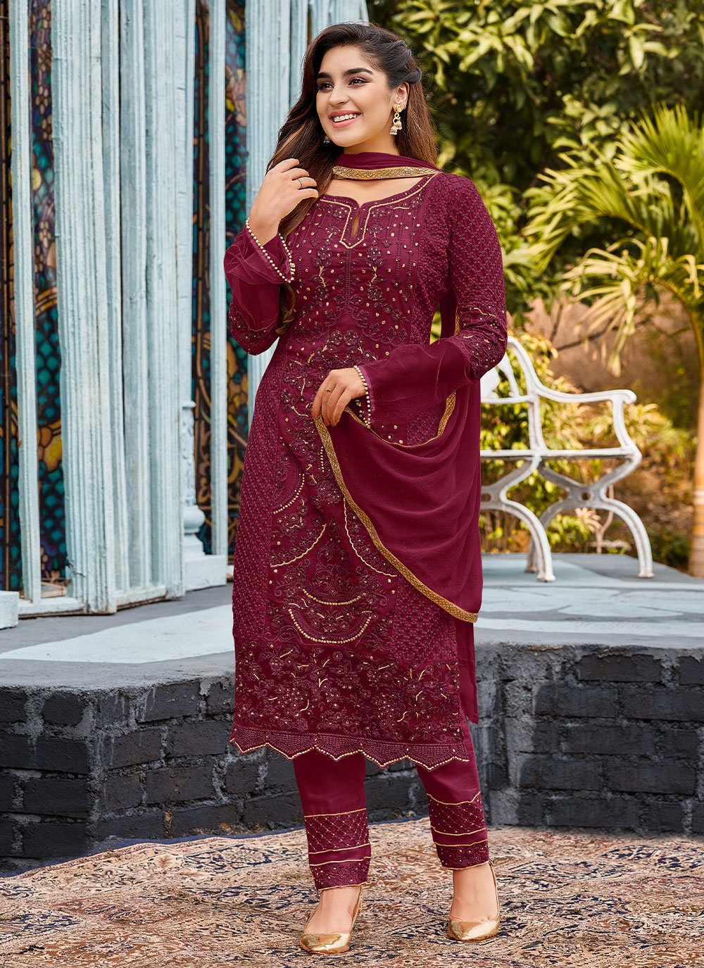 Pant Style Suit Faux Georgette Rani Embroidered Salwar Kameez