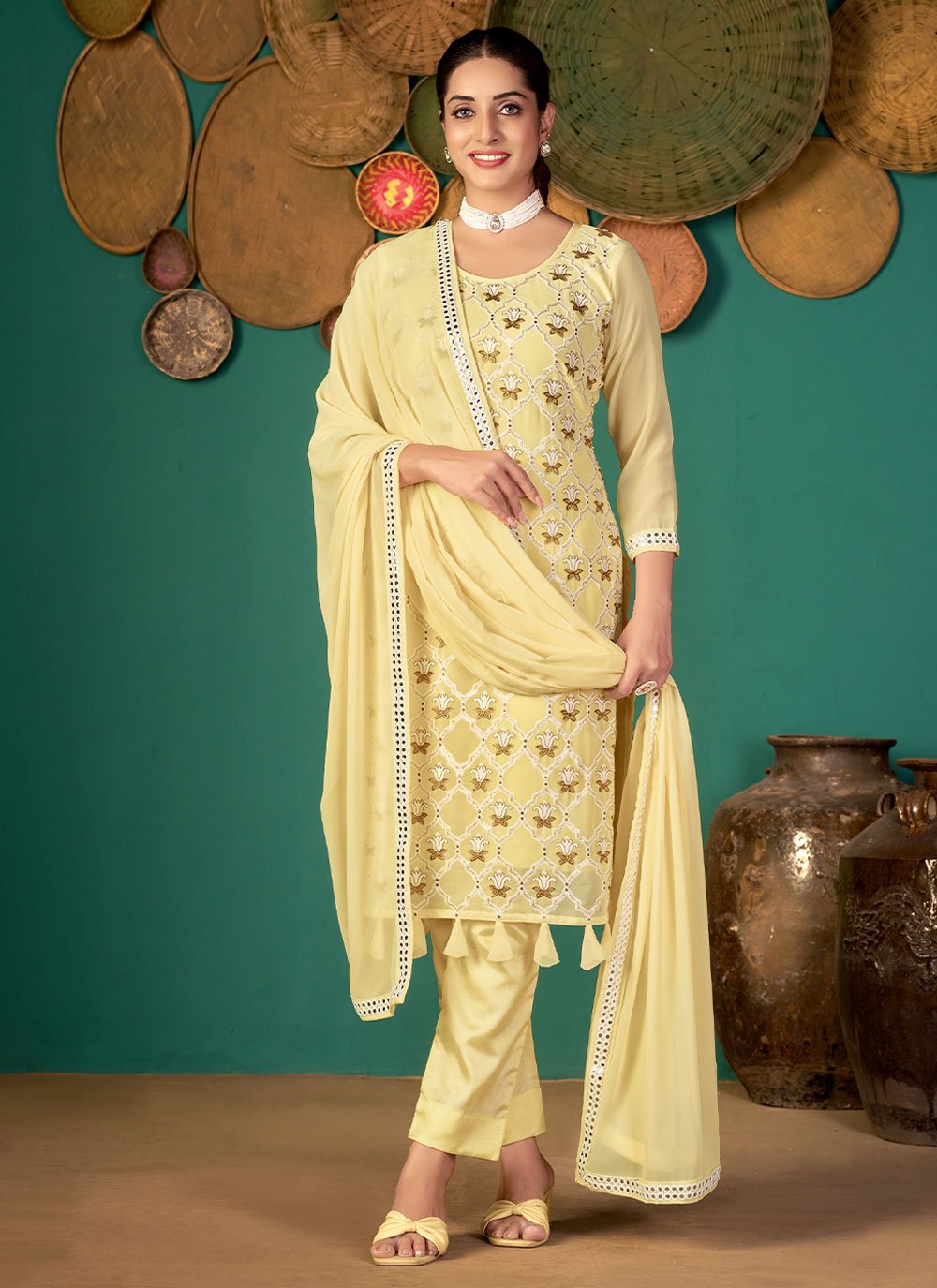 Pant Style Suit Faux Georgette Yellow Embroidered Salwar Kameez