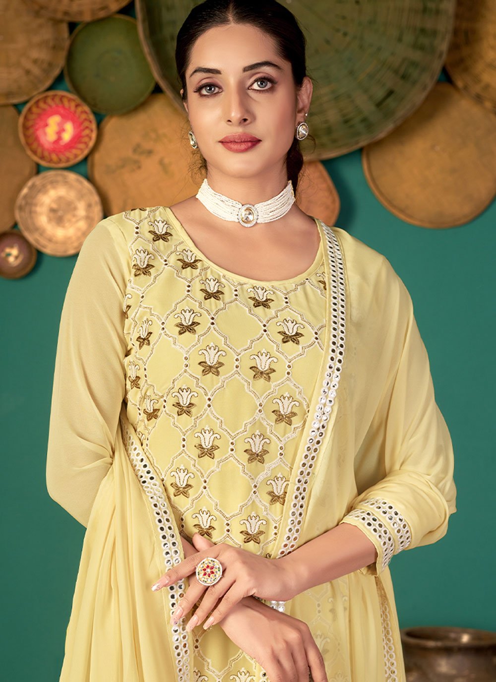 Pant Style Suit Faux Georgette Yellow Embroidered Salwar Kameez