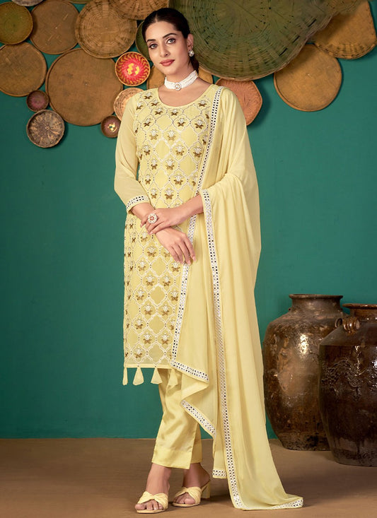 Pant Style Suit Faux Georgette Yellow Embroidered Salwar Kameez