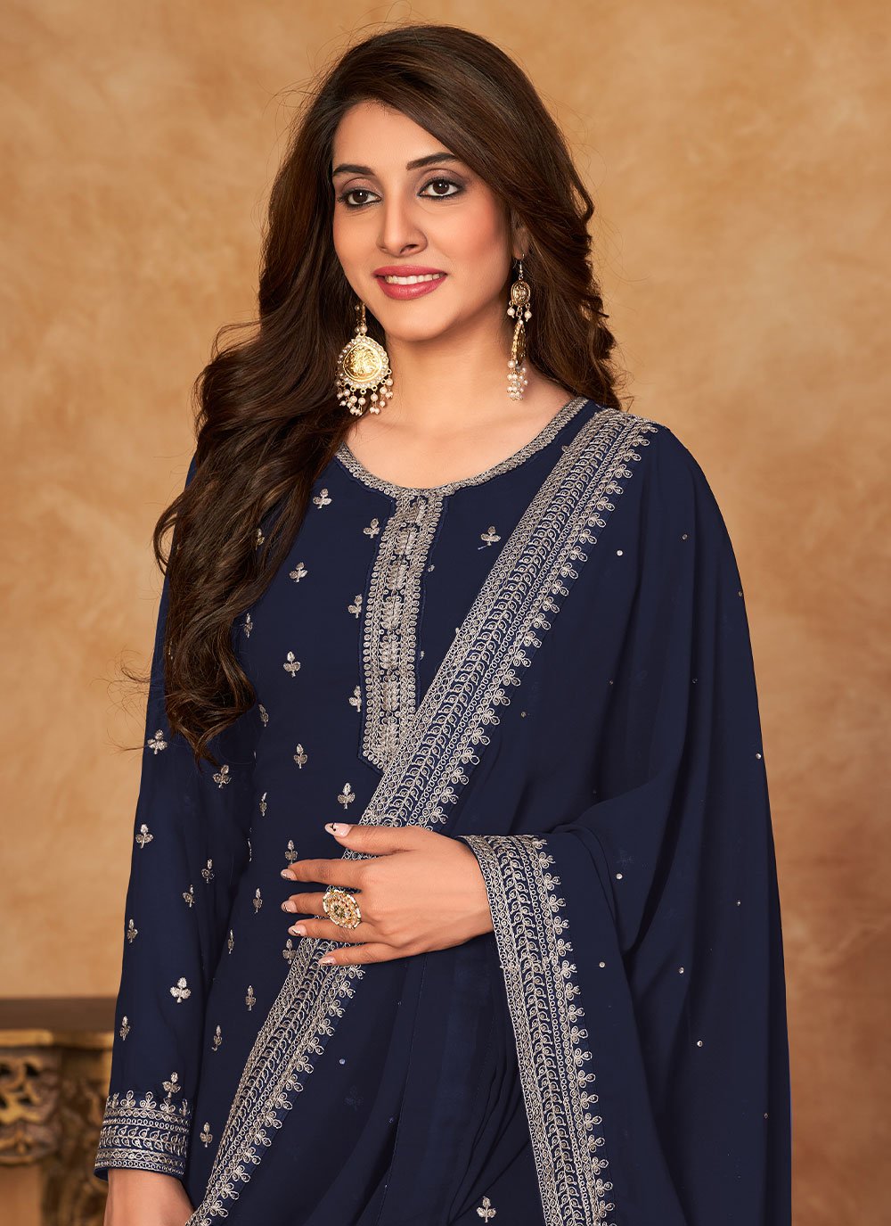 Salwar Suit Faux Georgette Blue Embroidered Salwar Kameez