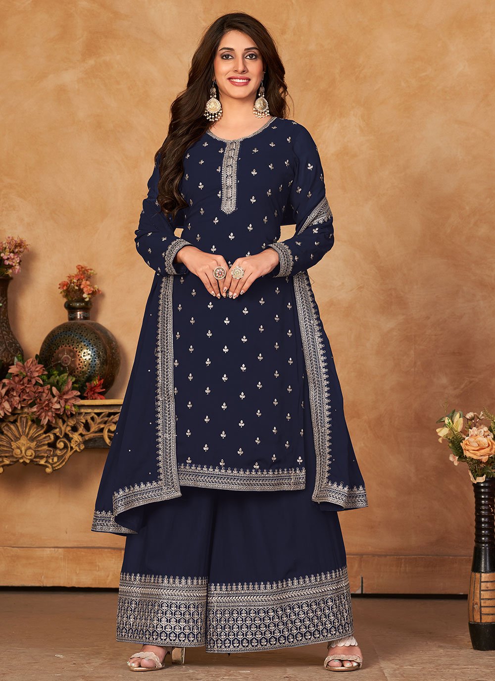 Salwar Suit Faux Georgette Blue Embroidered Salwar Kameez