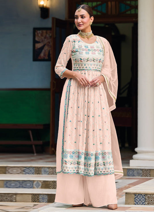 Salwar Suit Faux Georgette Peach Embroidered Salwar Kameez