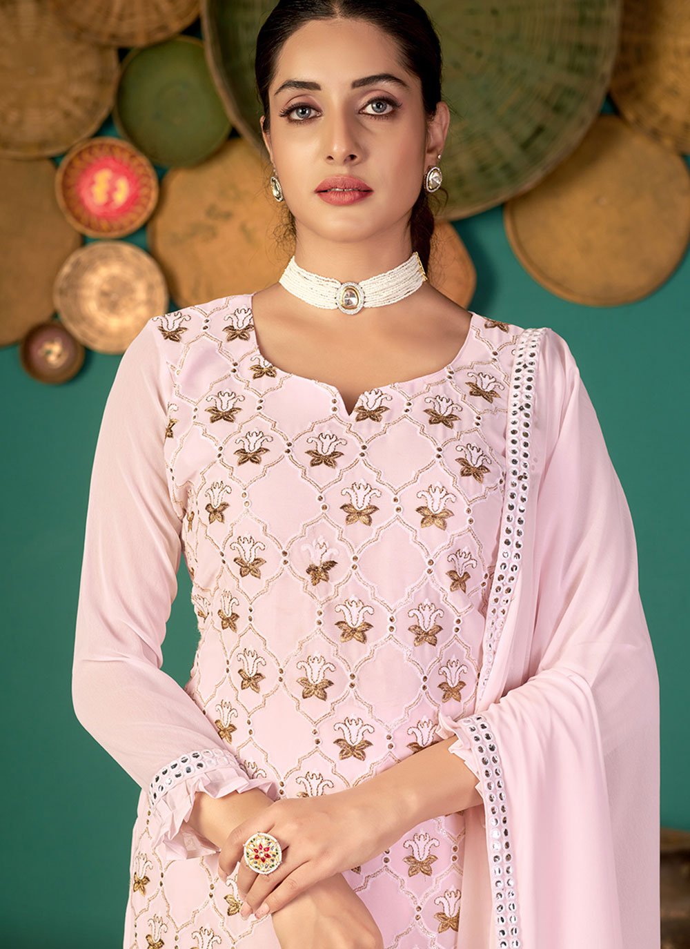 Pant Style Suit Faux Georgette Pink Embroidered Salwar Kameez