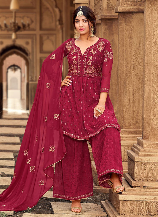 Palazzo Salwar Suit Faux Georgette Pink Embroidered Salwar Kameez