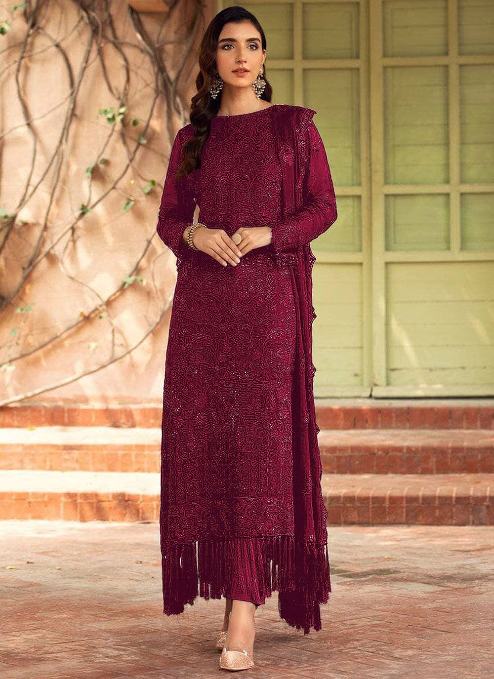 Straight Salwar Suit Faux Georgette Pink Embroidered Salwar Kameez