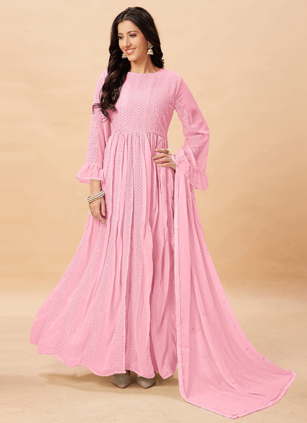 Anarkali Suit Faux Georgette Pink Crystals Salwar Kameez