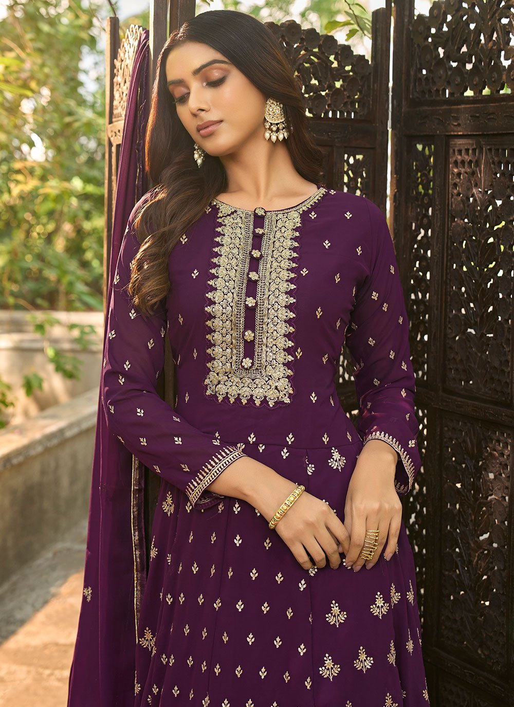 Anarkali Suit Faux Georgette Purple Embroidered Salwar Kameez