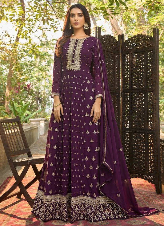 Anarkali Suit Faux Georgette Purple Embroidered Salwar Kameez